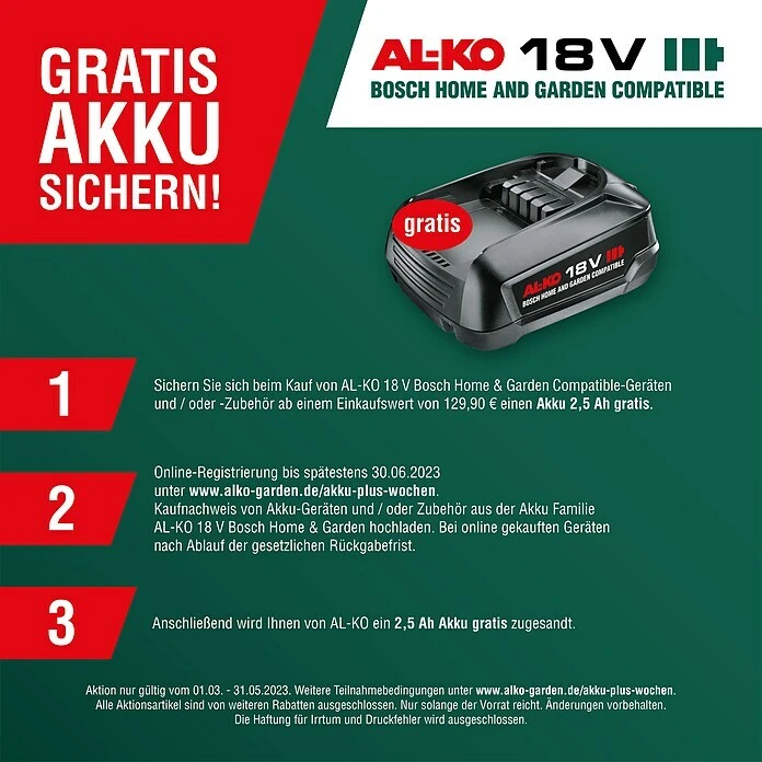 BAUHAUS AL-KO Bosch Home & Garden Compatible Akku-Rasenmäher Praktischer Tragegriff 18 V, 2 Akkus, 2,5 Ah, Schnittbreite: 32 Cm 4 BAUHAUS AL-KO Bosch Home & Garden Compatible Akku-Rasenmäher Praktischer Tragegriff 18 V, 2 Akkus, 2,5 Ah, Schnittbreite: 32 Cm – Bild 2